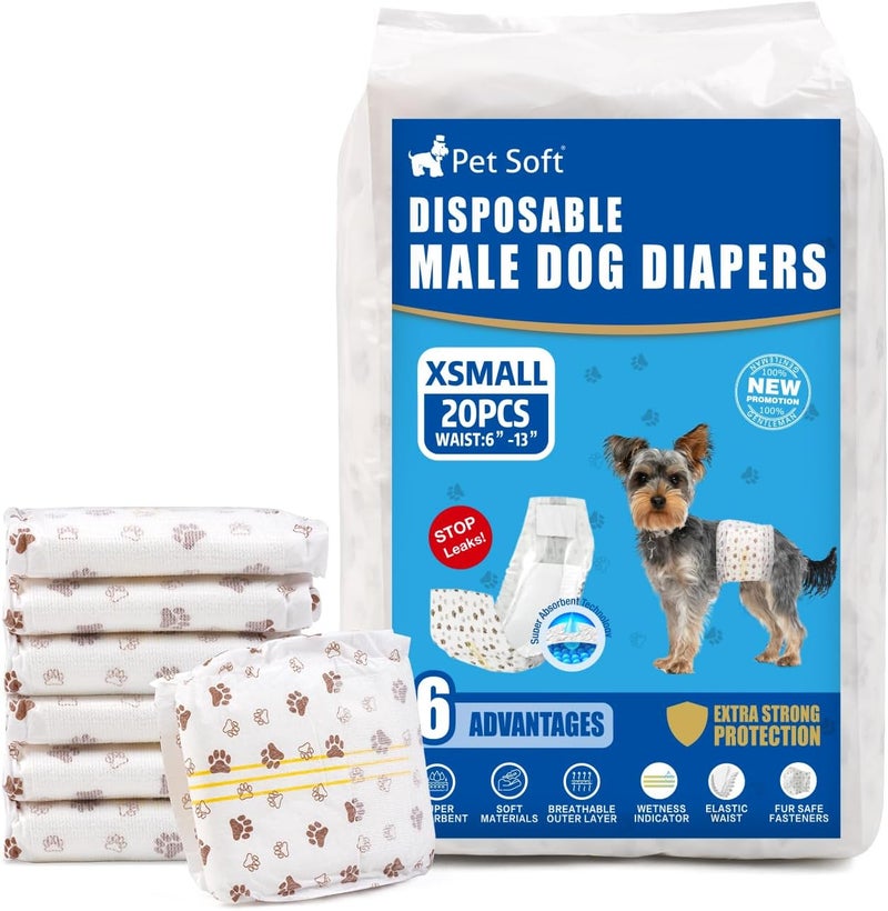 Pet Soft Dog Diapers Male - Disposable Male Dog Wraps Wetness Indicator, Ultra Absorbent Doggie Diapers Comfortable for Incontinence Excitable Urination, 20pcs XSmall - Image 1